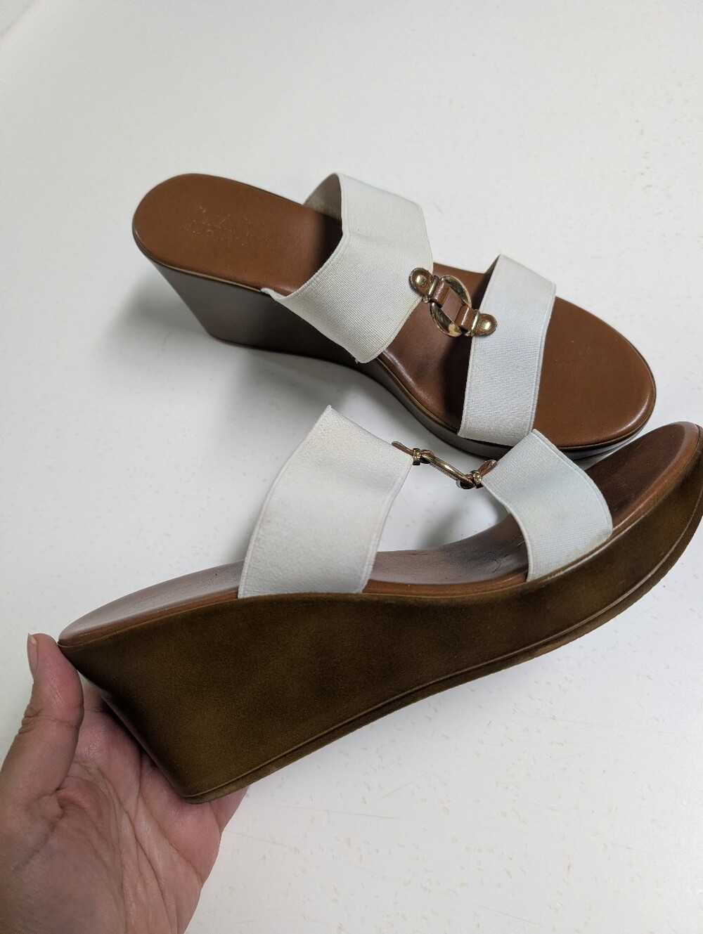 White Double-Strap Wedge Sandals with Gold Accent